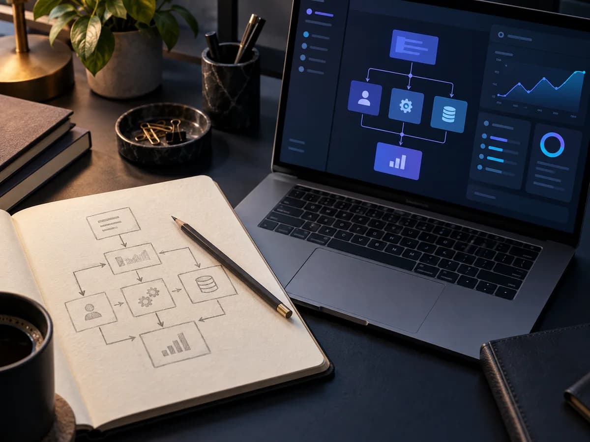 Concept illustration of a pencil-drawn workflow beside a laptop displaying the corresponding software dashboard