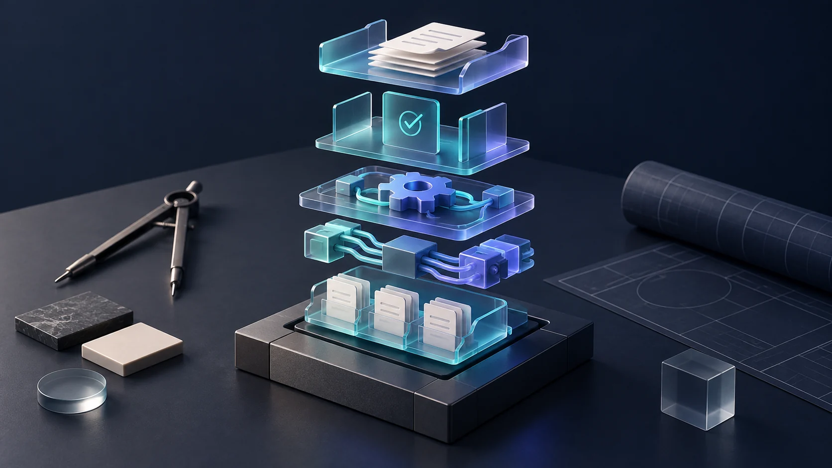 An exploded model shows the intake, connections, processing, review, and output layers of an automation system.