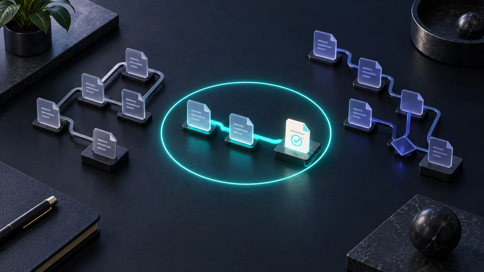 A cyan ring selects a small document workflow from several possible automation paths.