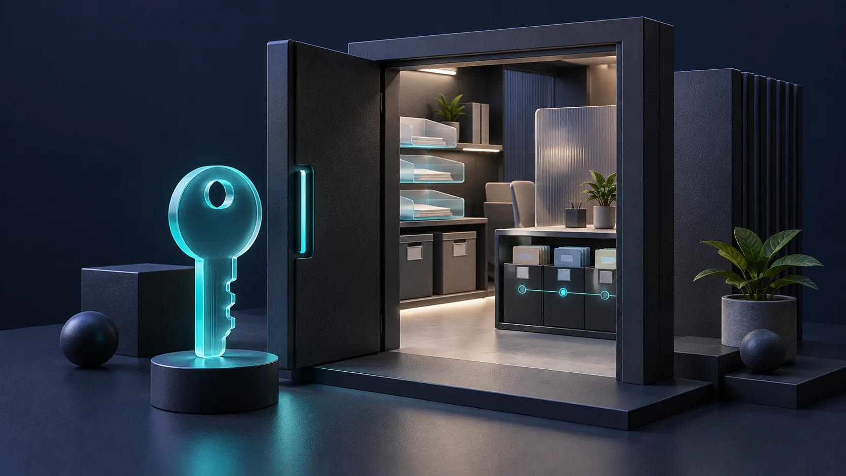 A cyan access key stands beside a doorway into an organized workspace with separated file records.
