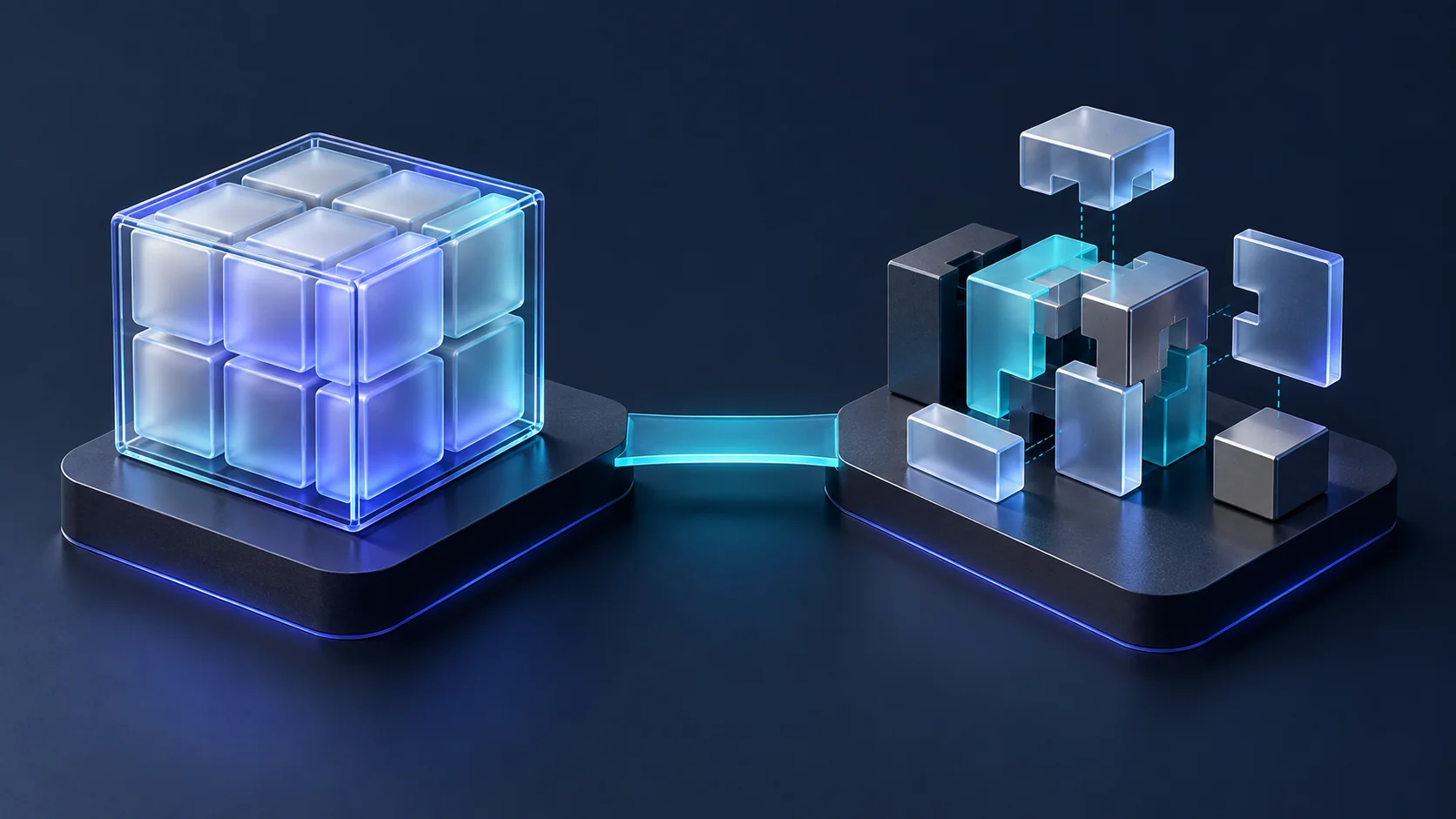 A ready-made modular cube and individually fitted software components sit on connected platforms.