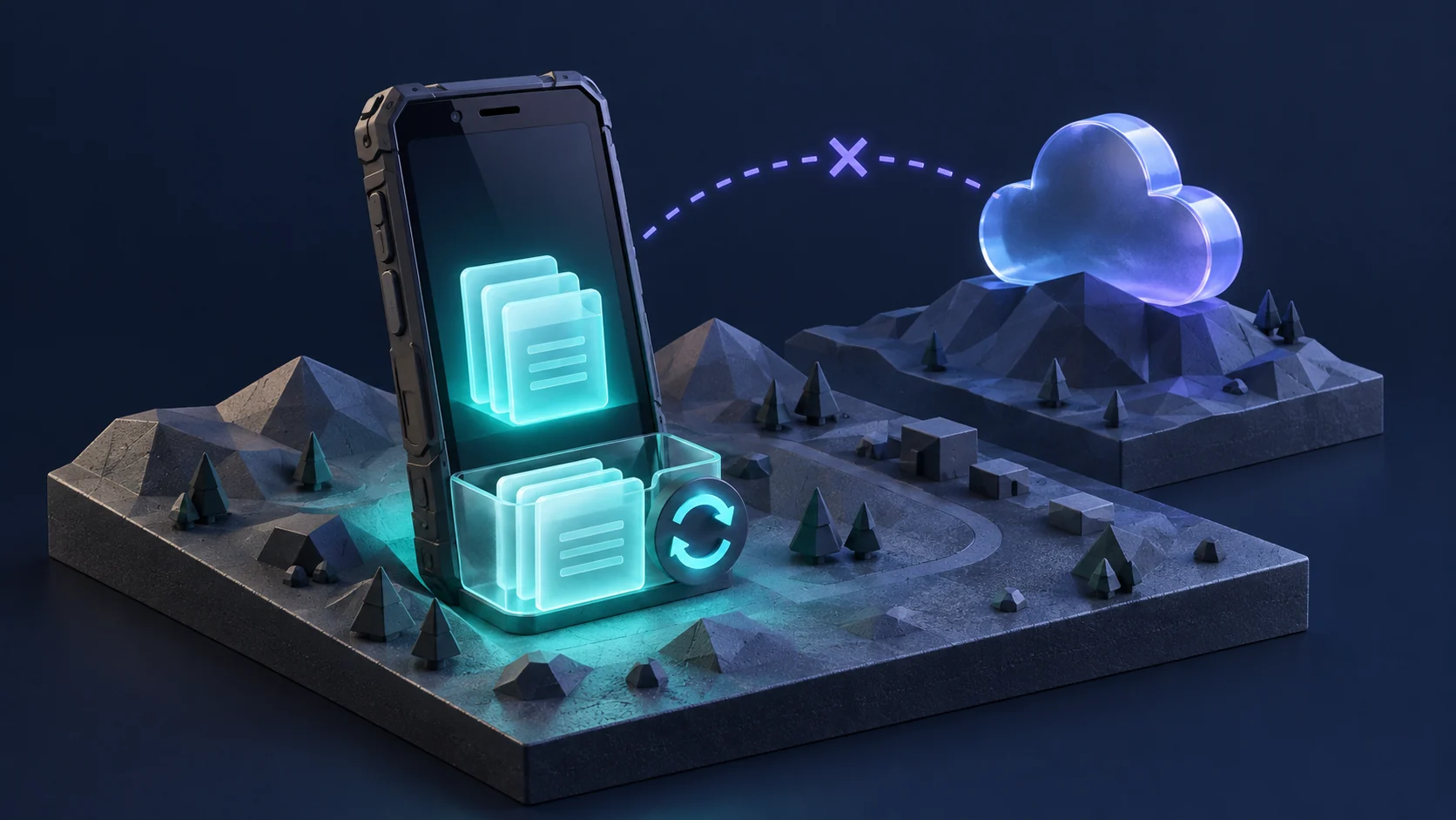A rugged phone keeps local records available across remote terrain while its cloud connection is interrupted.