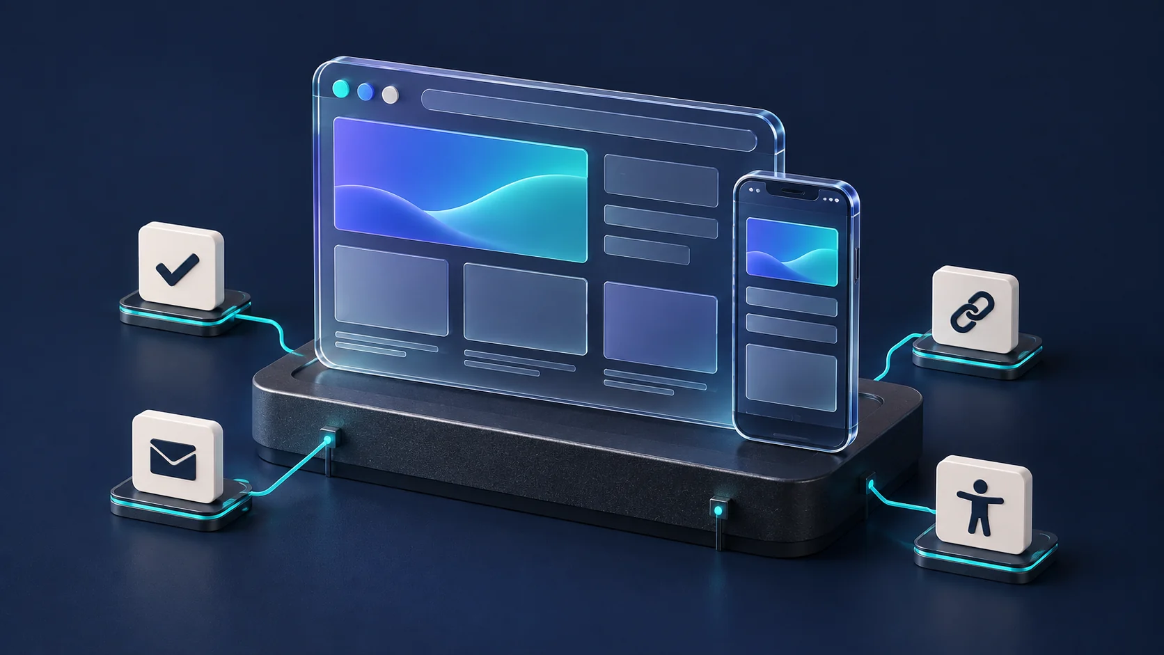Desktop and mobile website models connect to checks for forms, links, accessibility, and launch readiness.