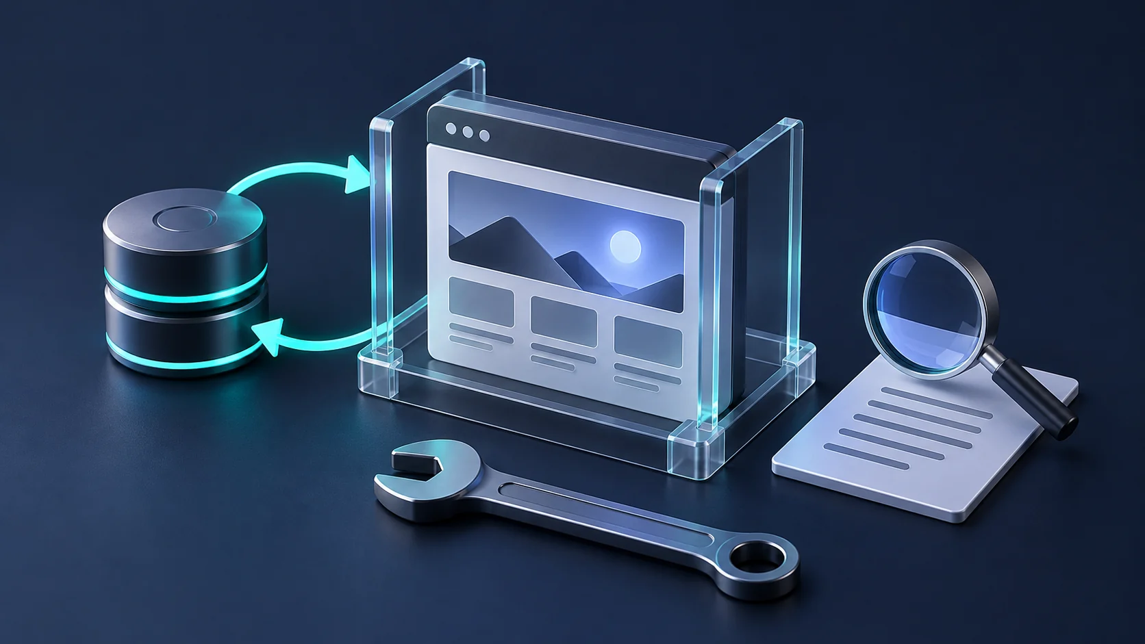 A website model is paired with backup disks, restore arrows, an inspection lens, and a maintenance tool.